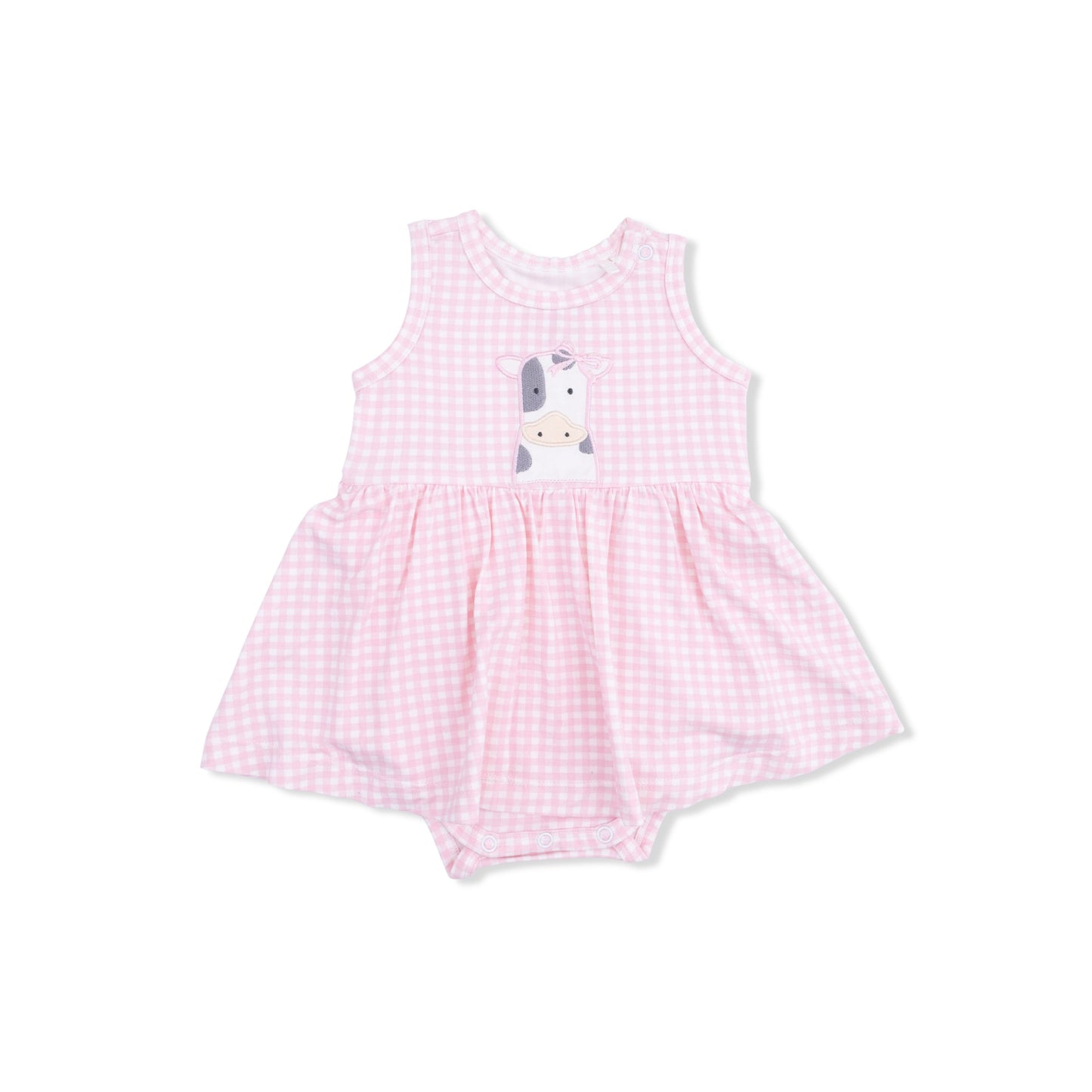 Angel Dear Mini Gingham Pink Embroidered Cow Tank Bodysuit Dress