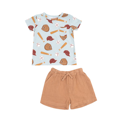 Angel Dear Baseball Crew Neck & Muslin Short Set