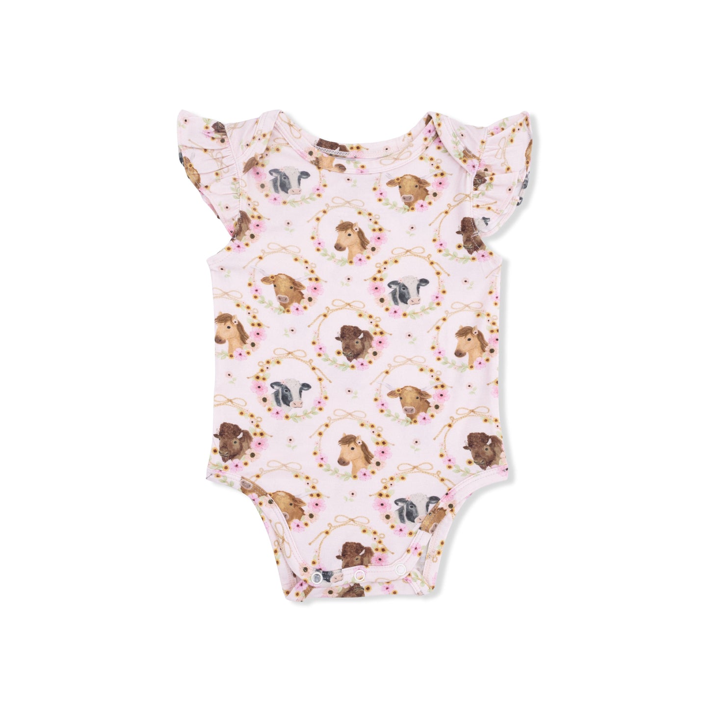 Angel Dear Farm Animals Floral Cameos Pink Ruffle Sleeve Bodysuit