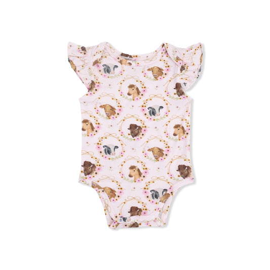 Angel Dear Farm Animals Floral Cameos Pink Ruffle Sleeve Bodysuit