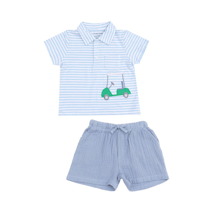 Angel Dear Golf Blue Stripe Polo Shirt with Appliqué & Bamboo Short Set