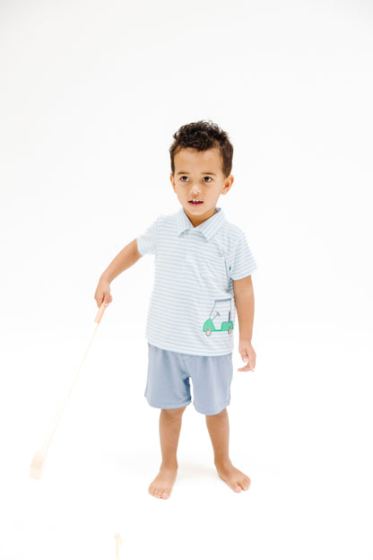 Angel Dear Golf Blue Stripe Polo Shirt with Appliqué & Bamboo Short Set