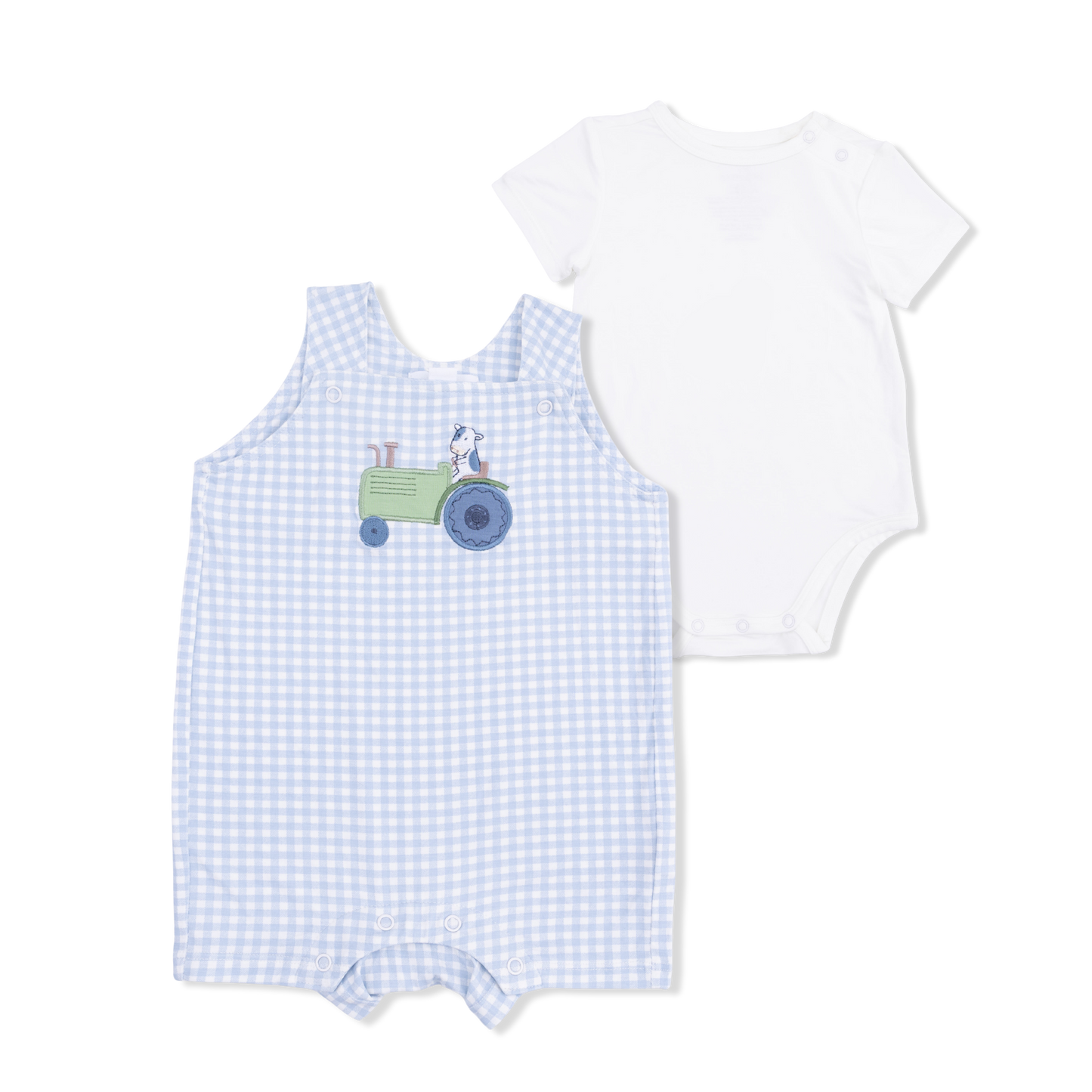 Angel Dear Cute Farm Animals Appliqué Gingham Overall Shortie with Short Sleeve Bodysuit