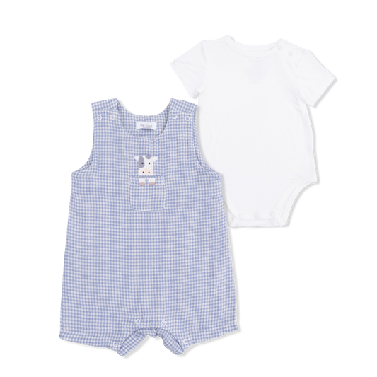 Angel Dear Cute Farm Animals Appliqué Gingham Jon Jon with Short Sleeve Bodysuit