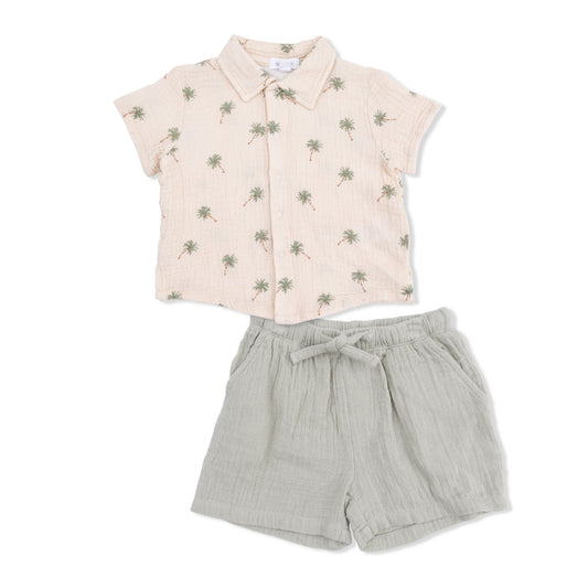Angel Dear Palm Trees Polo Button Up with Casual Short
