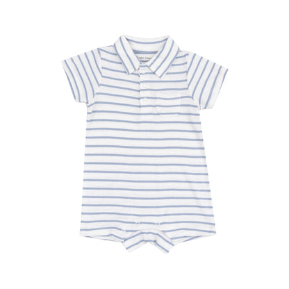 Angel Dear French Stripe Dusty Blue Rib Polo Shortie Romper