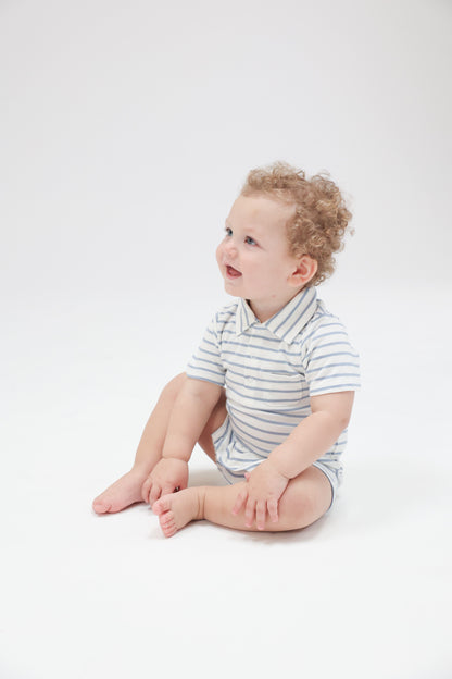 Angel Dear French Stripe Dusty Blue Rib Polo Shortie Romper