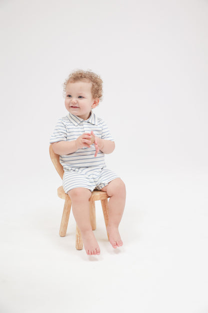 Angel Dear French Stripe Dusty Blue Rib Polo Shortie Romper