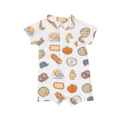 Angel Dear Groovy Vibes Stickers Blue Polo Shortie Romper