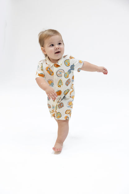 Angel Dear Groovy Vibes Stickers Blue Polo Shortie Romper