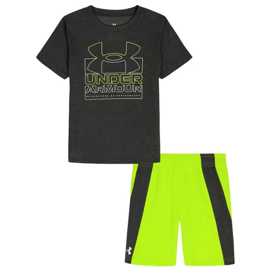 Under Armour Black Logo Top & Castlerock & High Vis Yellow Twist Short Set