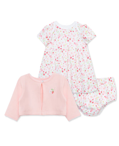 Little Me Pink Strawberry & Floral Knit Cardigan & Dress Set