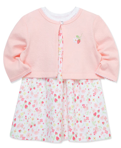 Little Me Pink Strawberry & Floral Knit Cardigan & Dress Set