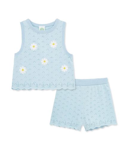 Little Me Blue Daisy Knit Tank Short Set