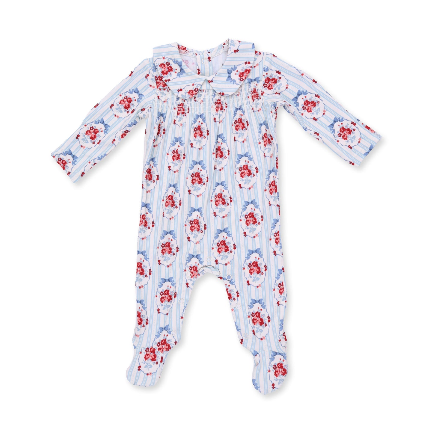 Angel Dear Beverly Cameo Stripe Smocked Peter Pan Snap Footie