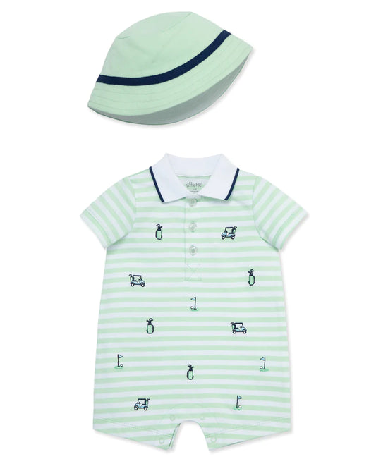 Little Me Golf Green Stripe Polo Romper + Hat