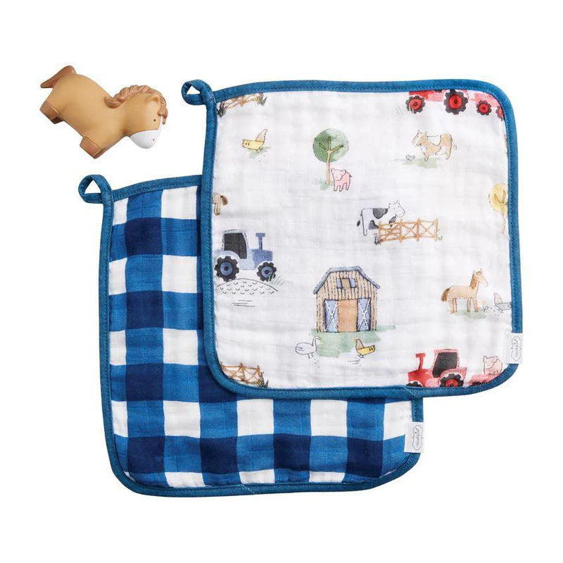 Mudpie Farmhouse Muslin Washcloth & Rubber Toy Set