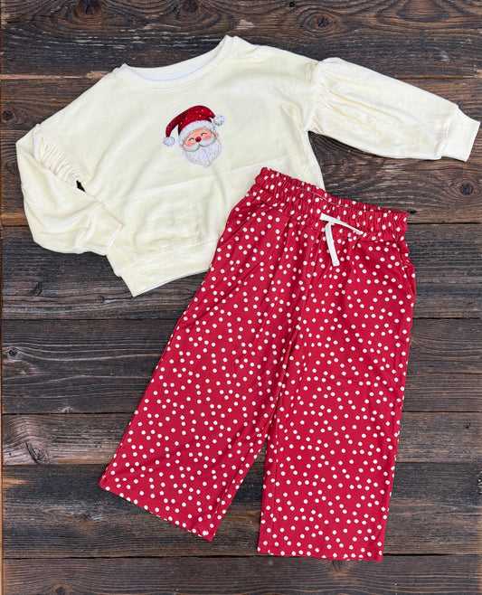 Cream Velour Santa & Red Dot Wide Leg Pant Set