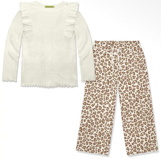 Cream Ribbed Long Sleeve & Leopard Wide Leg Pant Set