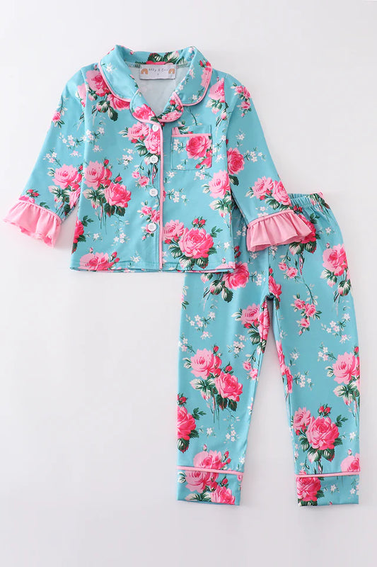 Mint Floral Ruffle Pajama Set