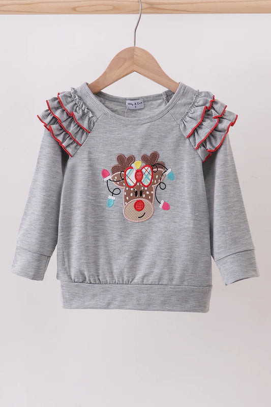Gray Reindeer Ruffle Top