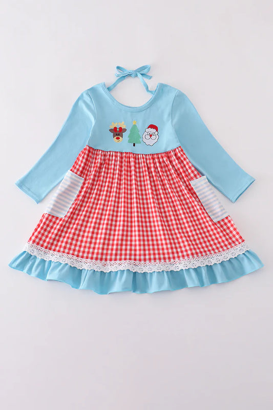 Blue Plaid Christmas Embroidery Dress