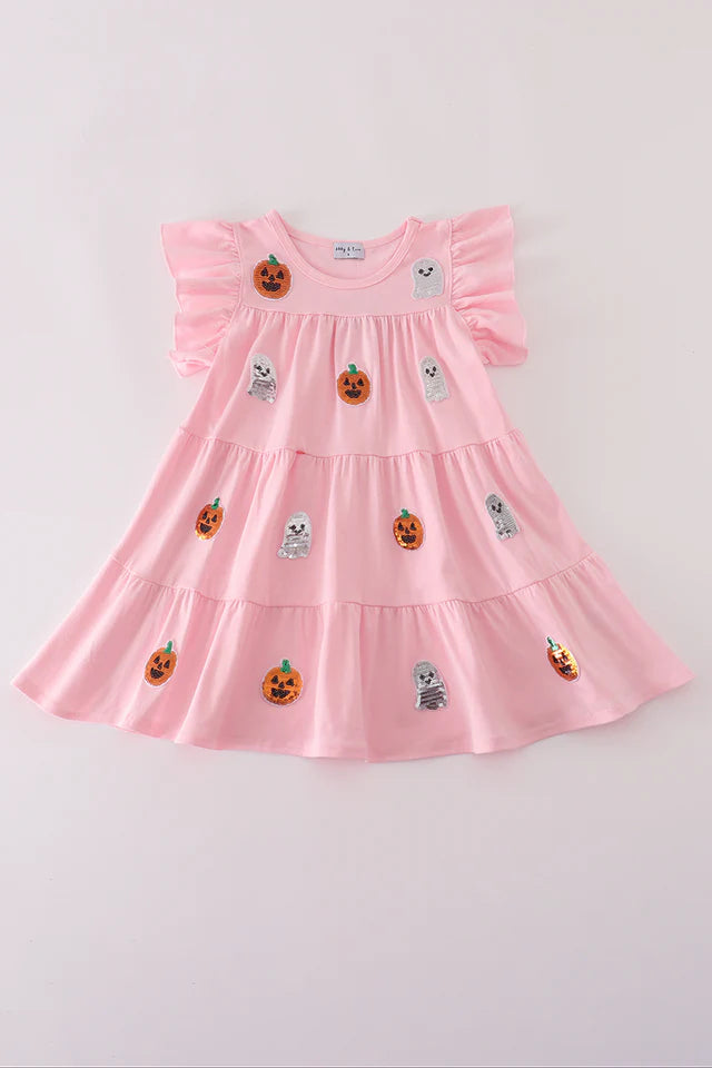 Pink Sequin Pumpkin/Ghost Ruffle Dress