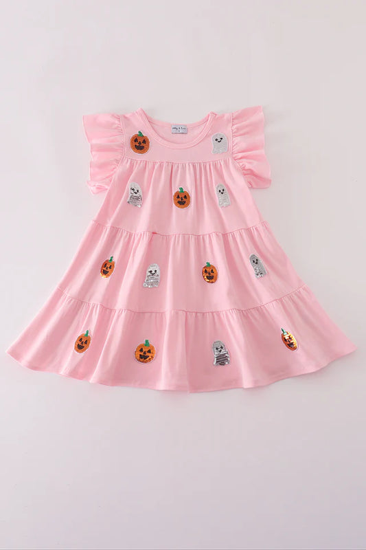 Pink Sequin Pumpkin/Ghost Ruffle Dress