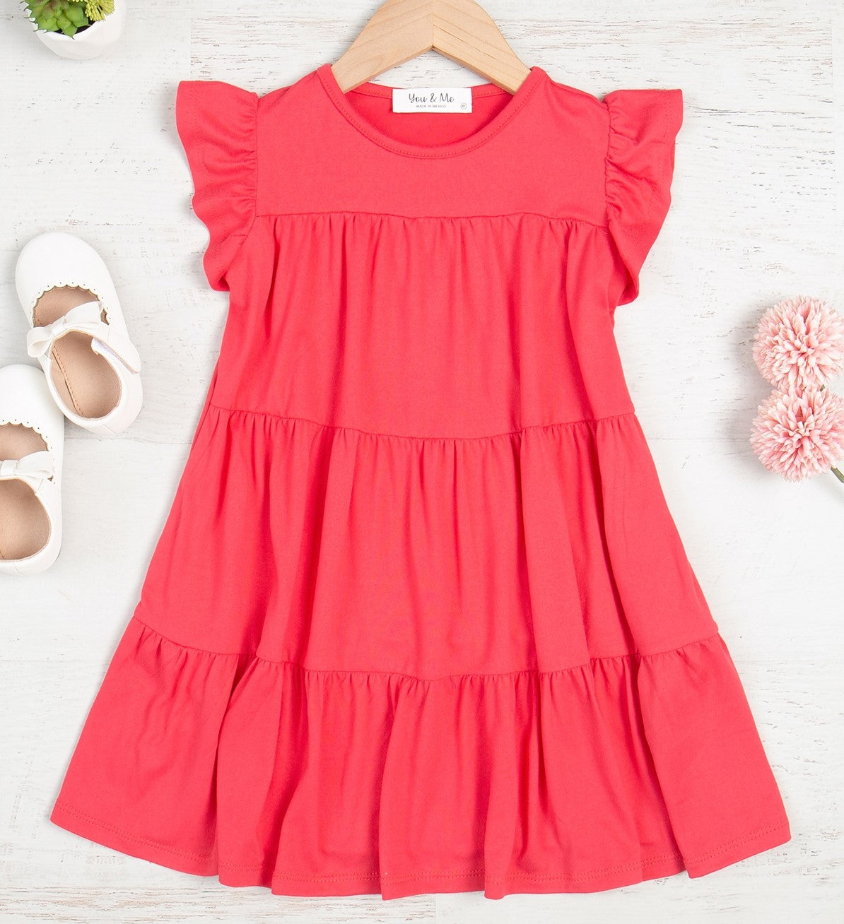Coral Ruffle Cap Sleeve Tiered Dress