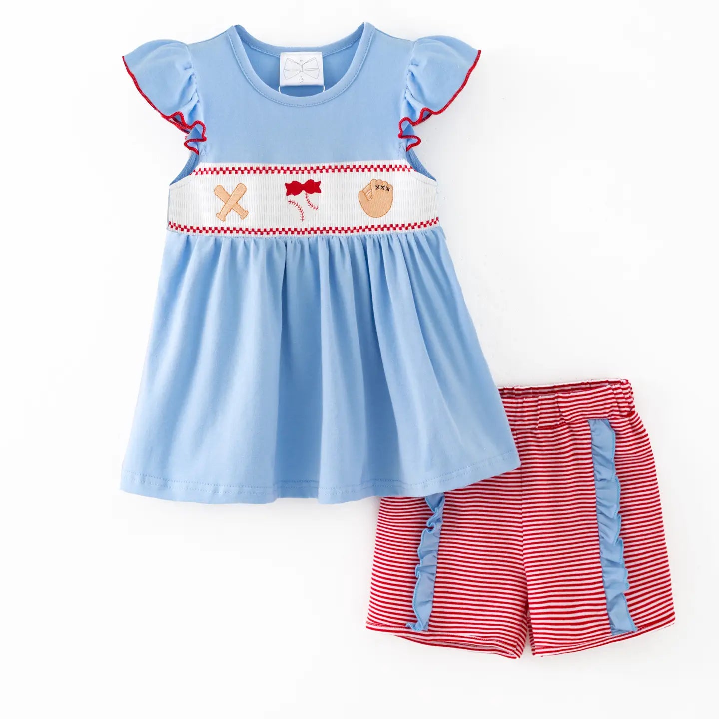 Baseball Embroidered Smocked Short Set