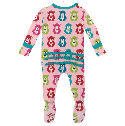 Kickee Pants Lotus Happy Teddy Muffin Ruffle Footie with 2 Way Zipper