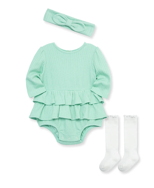 Little Me Lichen Pointelle Knit Headband & Sock Bubble Romper Set