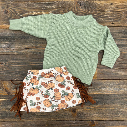 Sage Sweater Pumpkin Fringe Skirt Set