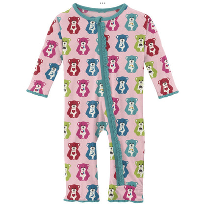 Kickee Pants Lotus Happy Teddy Muffin Ruffle Coverall with 2 Way Zipper