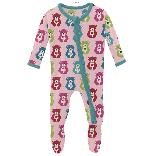 Kickee Pants Lotus Happy Teddy Muffin Ruffle Footie with 2 Way Zipper