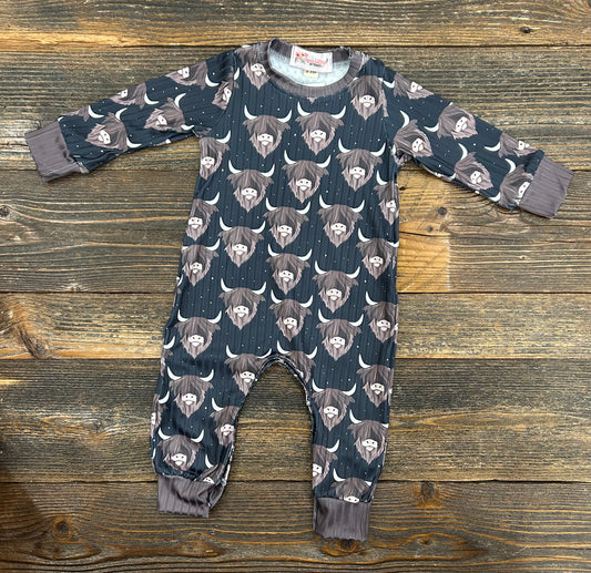 CC Midnight Highland Cow Long Sleeve Romper