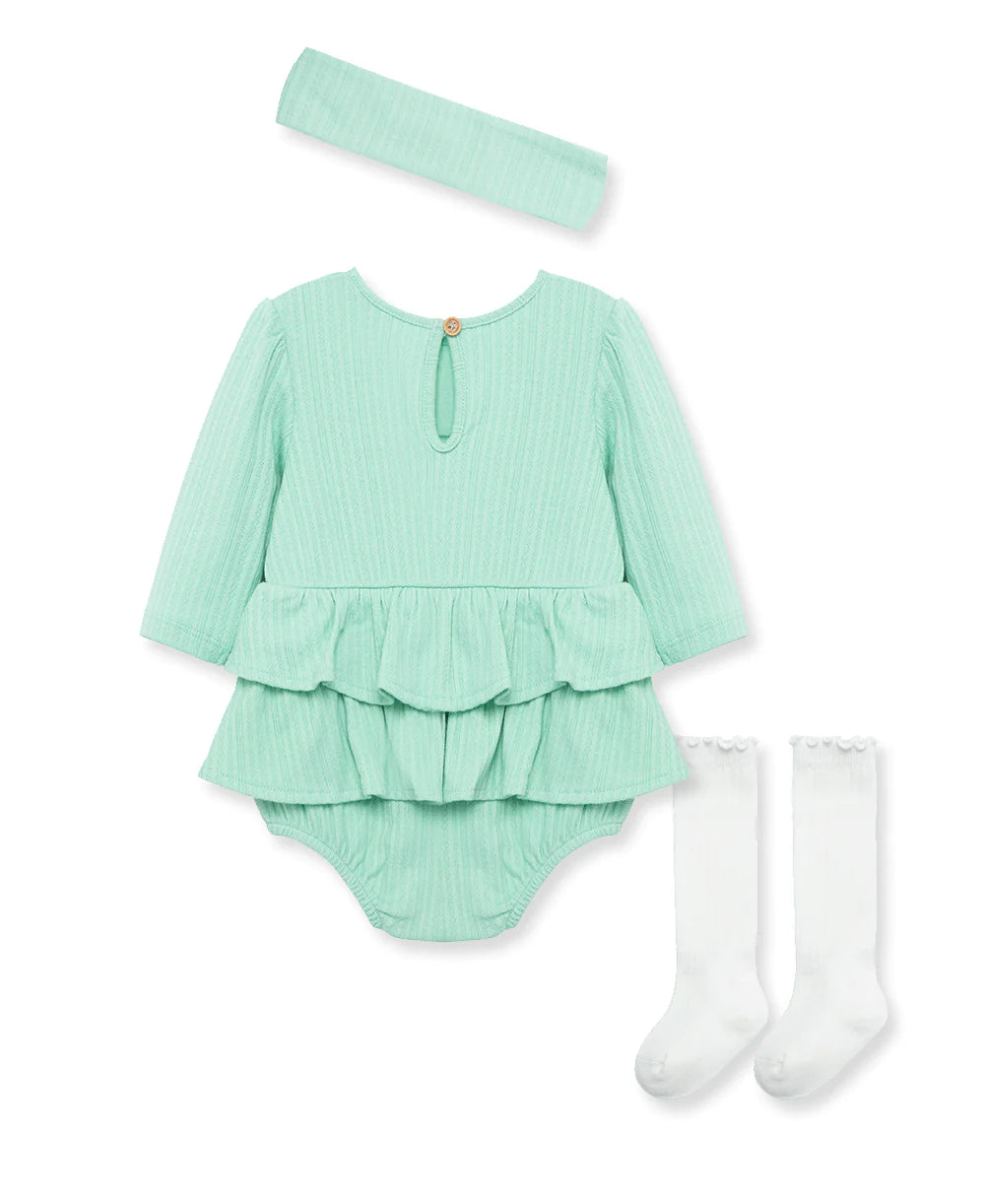 Little Me Lichen Pointelle Knit Headband & Sock Bubble Romper Set