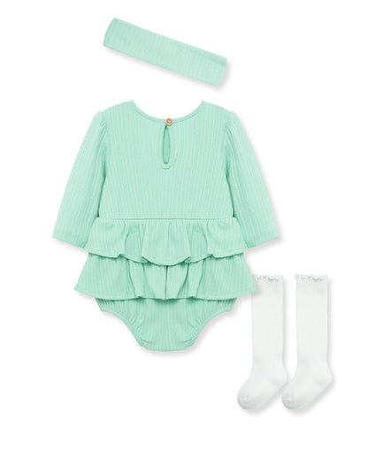 Little Me Lichen Pointelle Knit Headband & Sock Bubble Romper Set