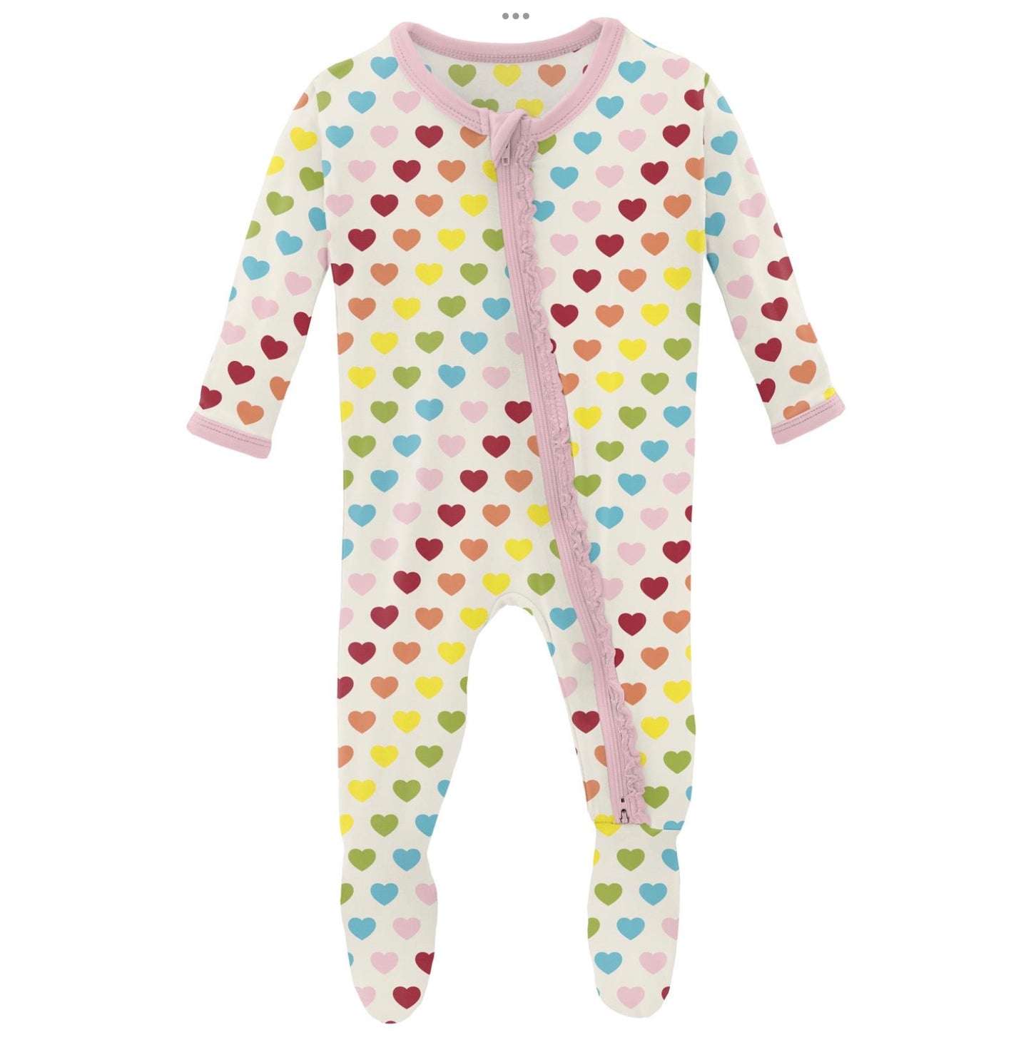 Kickee Pants Rainbow Hearts Muffin Ruffle Footie with 2 Way Zipper