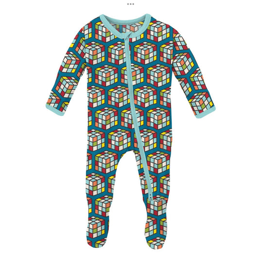 Kickee Pants Cerulean Blue Puzzle Cube Footie with 2 Way Zipper
