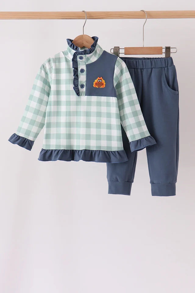 Navy Gingham Turkey Ruffle Pant Set