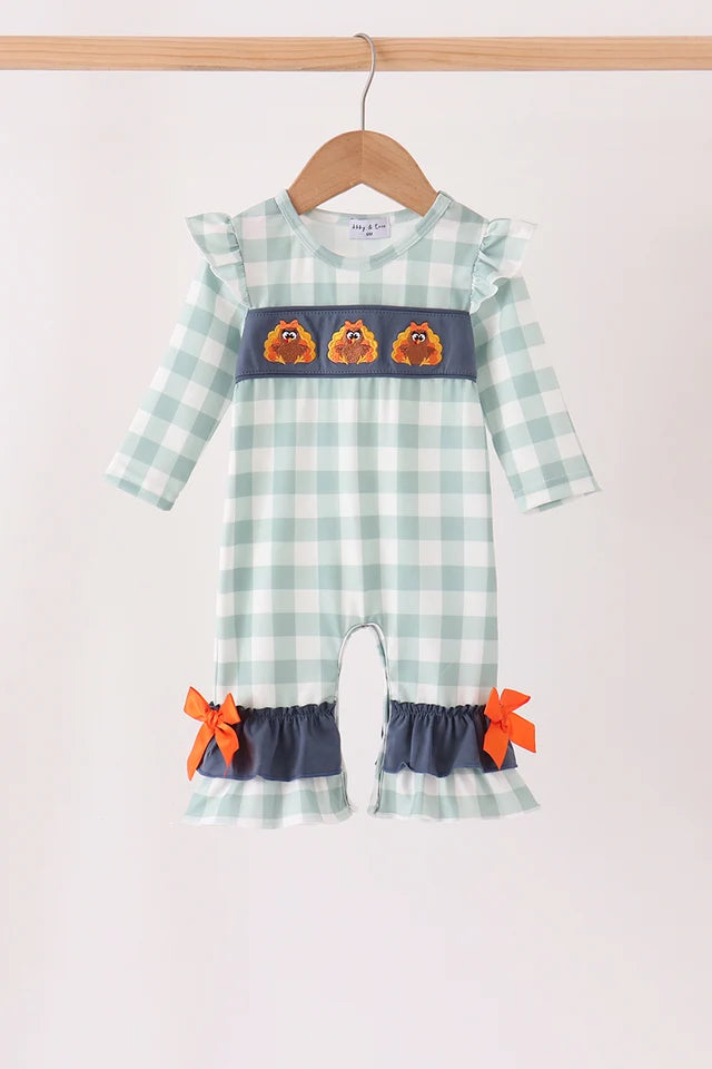Navy Gingham Turkey Ruffle Romper