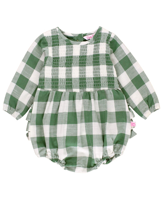 RuffleButts Dark Ivy Plaid Long Sleeve Smocked Bubble Romper