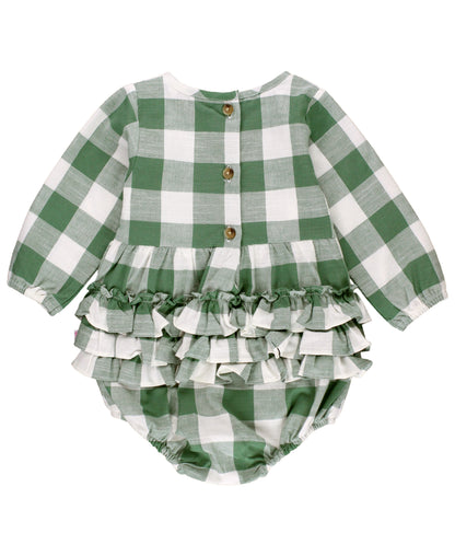 RuffleButts Dark Ivy Plaid Long Sleeve Smocked Bubble Romper