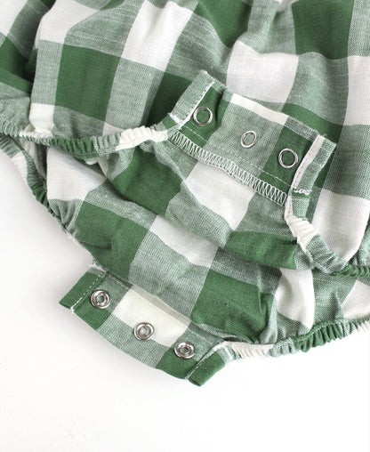 RuffleButts Dark Ivy Plaid Long Sleeve Smocked Bubble Romper