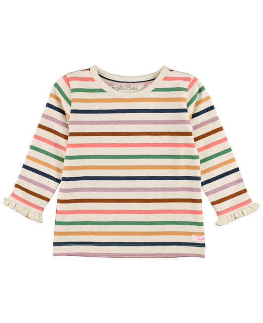 RuffleButts Sunrise Rainbow Stripe Knit Long Sleeve Ruffle Sleeve Top