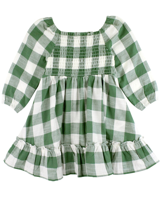 RuffleButts Dark Ivy Plaid Long Sleeve Smocked Ruffle Hem Dress