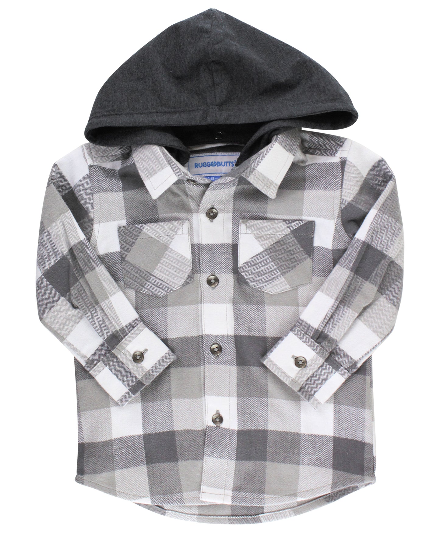 RuggedButts Smoky Gray Plaid Hooded Button Down Shirt