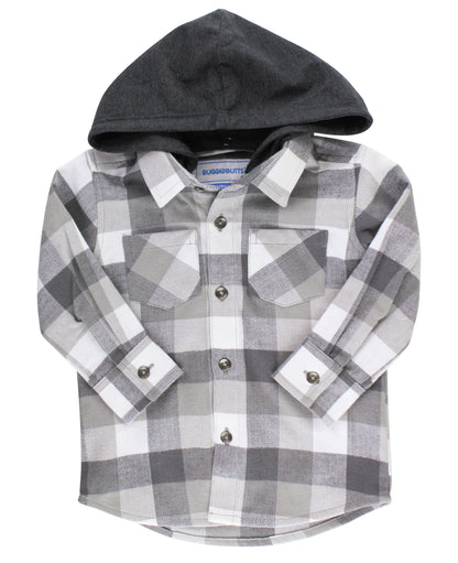 RuggedButts Smoky Gray Plaid Hooded Button Down Shirt
