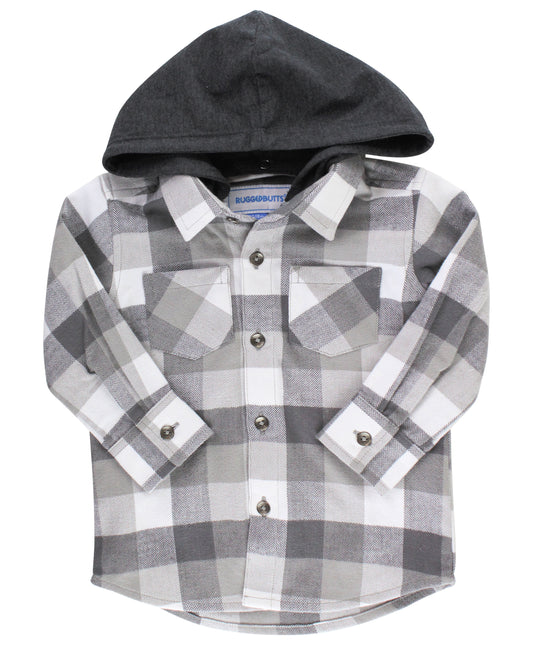 RuggedButts Smoky Gray Plaid Hooded Button Down Shirt